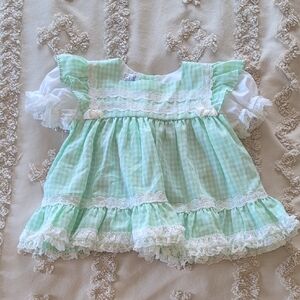 Vintage Mint Green Lace-Trim Baby Girl Formal Dress With Matching Bloomers 9-12m